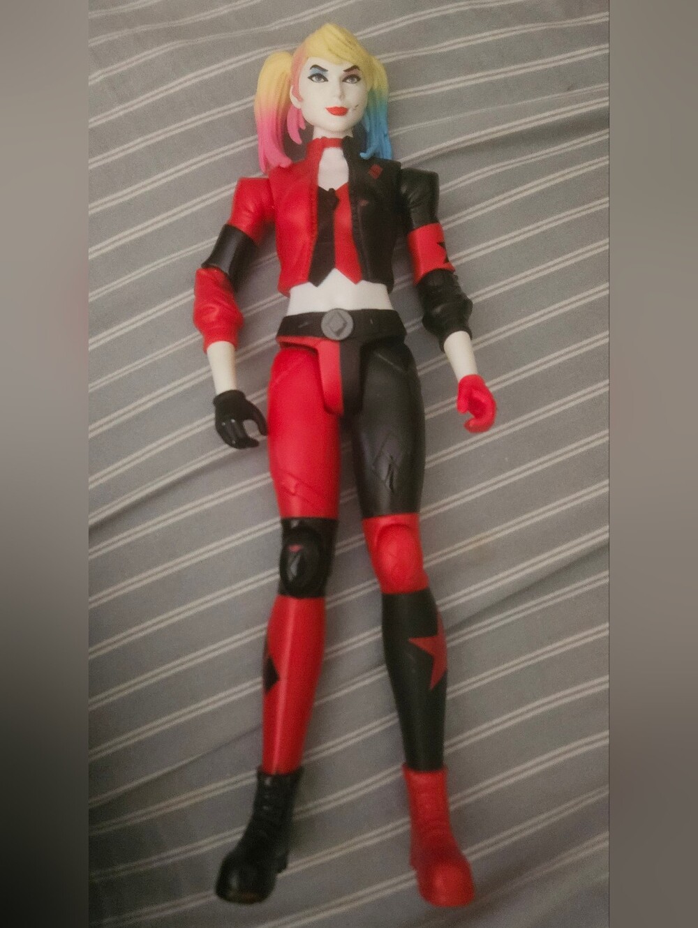 Harley Quinn Red & Black Action Figure with Blonde Pink/Blue Hair 12in